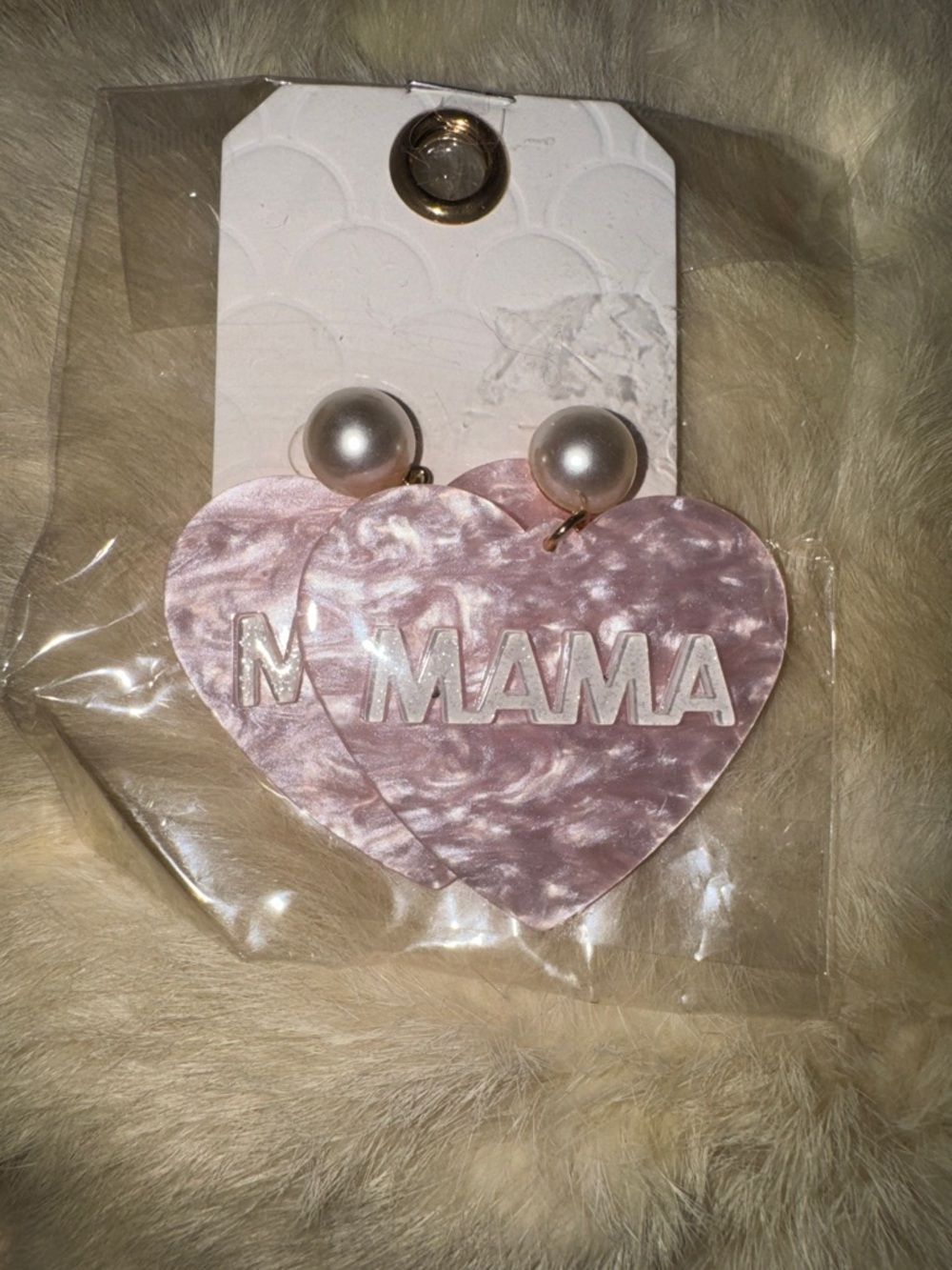 Pink 'MAMA' Heart Dangle Earrings with Pearl Studs NEW